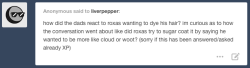 liverpepper:  Roxas: It doesn’t sound like a big deal, but when your dad is Squall “Mr. Control Freak” Leonhart, impromptu hair-bleaching when you’re 14 is kind of a no-no. He wants me to grow it out or dye it brown for the holidays but…we’ll…see….