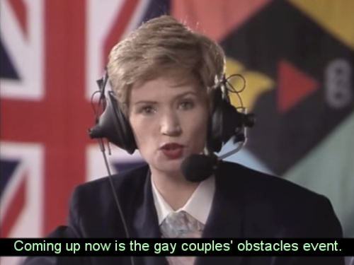 honestlytrulymaybe:glitterysouldinosaur:1995 Gay Olympics sketch from the mid-1990s Australian comedy show Big Girls Blouse.  The full clip is incredible