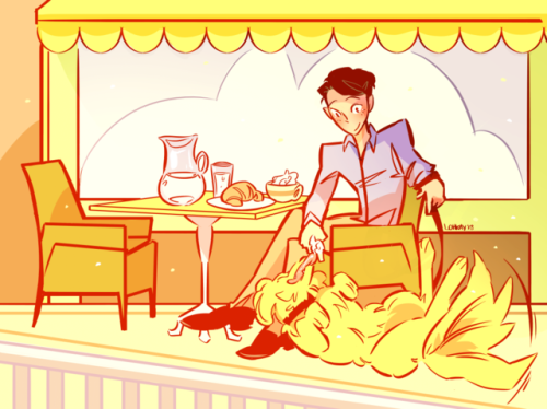 Simon and Beau relaxing in a local cafe. My original sotry about a zoophile whose dog turns into a h