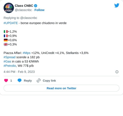 #UPDATE - borse europee chiudono in verde  🇮🇹+1,2% 🇫🇷+0,9% 🇩🇪+0,6% 🇬🇧+0,3%  Piazza Affari: #Mps +12%, UniCredit +4,1%, Stellantis +3,6%#Spread scende a 182 pb#Gas in calo a 53 €/MWh#Petrolio, Wti 77$ p/b  — Class CNBC (@classcnbc) February 9, 2023