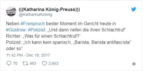 “Barista, Barista, Antifascista!”“Kaffee, Kuchen, Kommunismus!”Der Säng