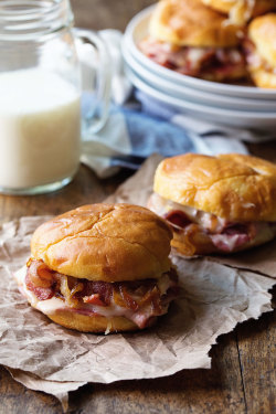 do-not-touch-my-food:  Ham and Cheese Sandwiches with Bacon and Caramelized Onions