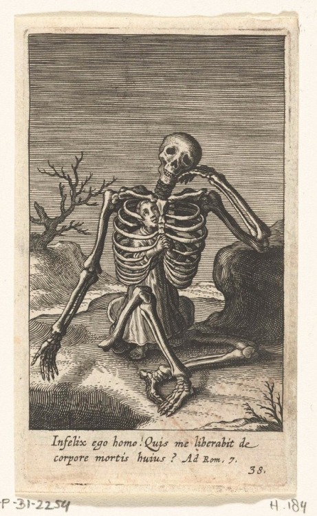 Child crawled into Death’s skeleton. By Dutch artist, Boëtius Adamsz. Bolswert, 1624. From the archi