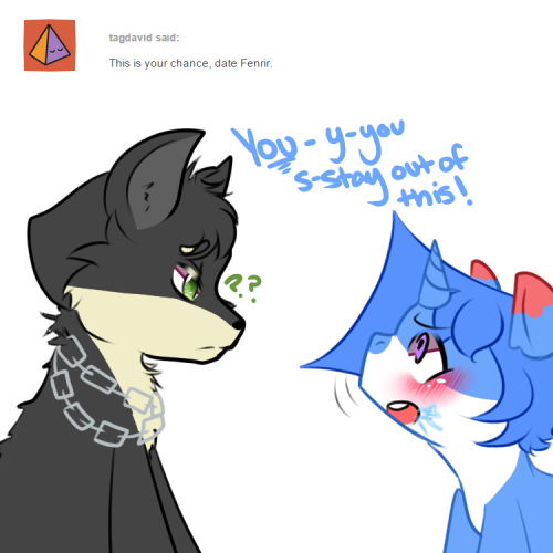 questions-for-peachy:  F-first you give m-me- N-now you- M-make up your m-mind…Oh- I… N-not you, Sir Fenrir…(Feat fenrir8919)  x3 D'aww~