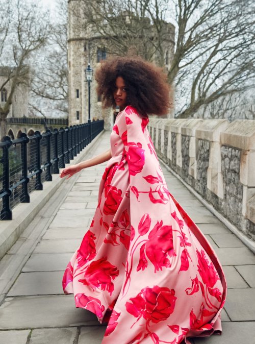 Kukua Williams wearing Huishan Zhang Spring-Summer 2022, photographed by Richard Phibbs for Harpers 