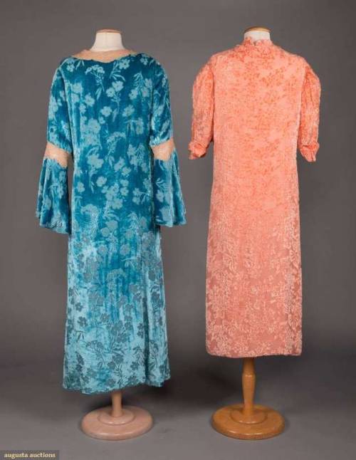 ONE BLUE &amp; ONE PEACH CUT VELVET PEIGNOIRS, 1930sTwo 1930s voided silk velvet robes in floral