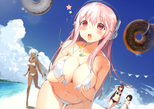 2D anime chubby big breasted girl Super Sonico in tiny string swimsuit playing in the beach.