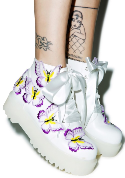 nymphetfashion:  White Shoes From Dollskill  Pearl Fluffy Pom Pom Chunky Heels / Butterfly BootsCloud Nine Sandals / Spice Girl Platform Sneakers  BUY ONE ITEM, GET ANOTHER 50% OFF!   