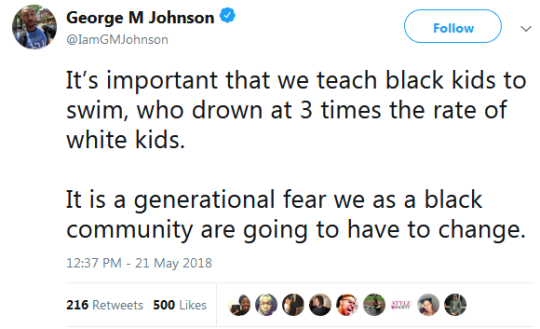 thatpettyblackgirl:  Not to mention the fact that, because of de facto educational segregation, black kids are less likely to have attended schools with pools, and thus had no/limited access to swimming as a PE credit/unit or extracurricular. 