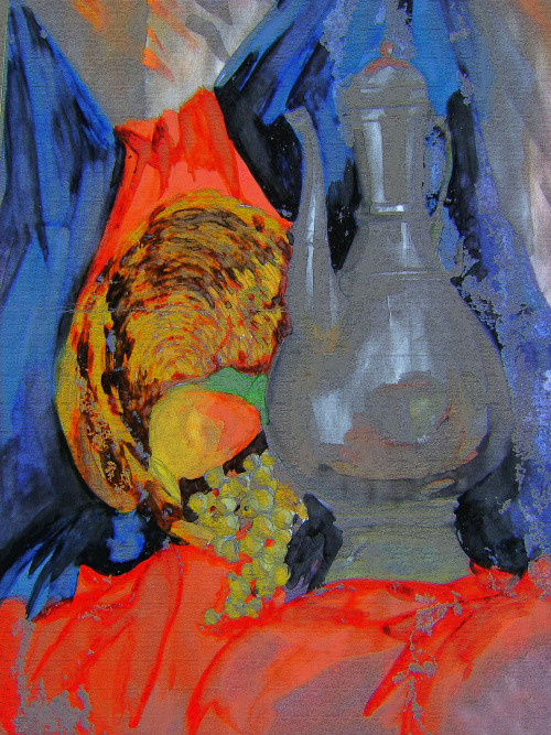 Training still-life painting with iron jug, basket, grapes and pear. Year of 1999. Школьный учебный 