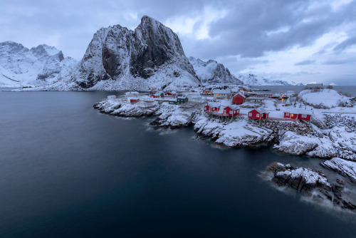 Lofoten Winter Scene The beautiful cabins at Hamnøy outside Reine in Lofoten, Norway. If you look ca