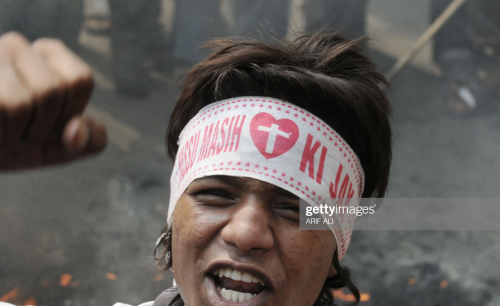 A Pakistani Christian during a protest in Lahore on September 23, 2013, in reaction to bomb attacks 