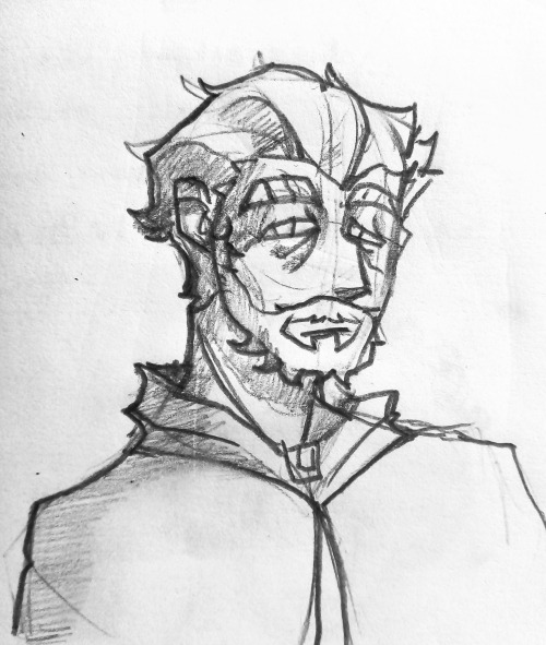 A pencil draw of an old man, with his hair combed back, a big beard and tired eyes, looking at us.