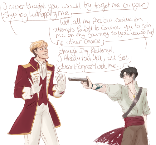 viella-art:  SNK Pirate AU based on a D&D campaign I’m currently playing.  The eruri bit is based on my character who fell in love with a soldier and has tried everything from seduction to threats to get his lover on board of his pirate ship. In