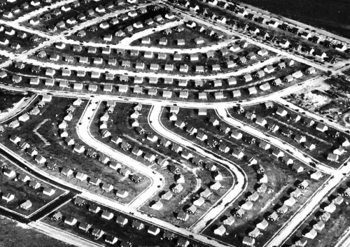 Levittown (New York, 1948), shortly after the first mass-producedsuburb was completed on Long Island