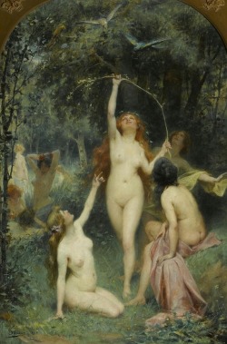 hildegardavon:   silenceformysoul  Adrien Henri Tanoux, 1865-1923 Nymphs in a forest, 1898, oil on canvas, 73x48,2 cm  Private Collection 