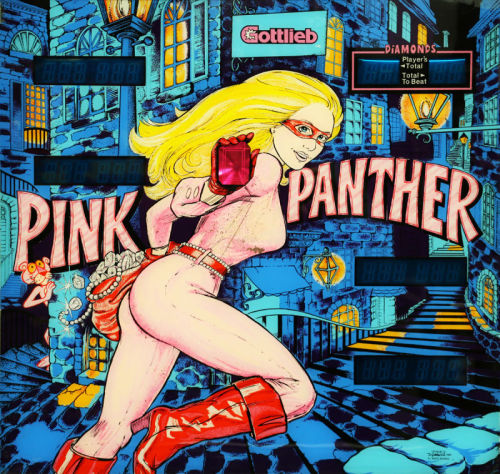 michaelallanleonard:Backglass from Gottlieb’s Pink Panther pinball cabinet, 1981 