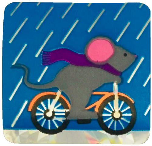 A prismatic sticker by Sandylion featuring a grey mouse with a purple scarf cycling in the rain. 