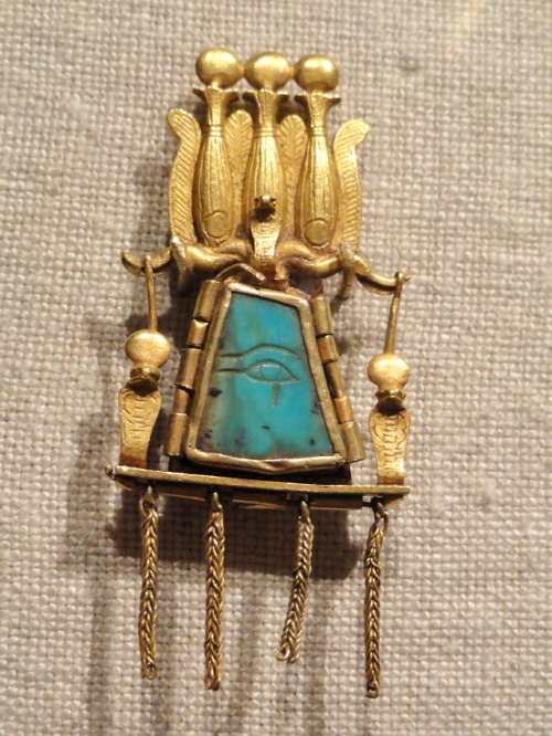 Ancient Egyptian pendant (gold and turquoise) with an “Eye of Horus”.  Artist unknown; ca. 1069-713 