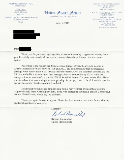 This week we received a response to a letter we sent to Senator Richard Bloomenthal (D-CT). This inf