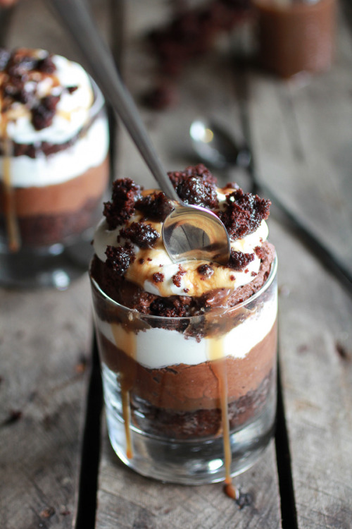 4himglory:  Chocolate Lovers Triple Layer Coffee Caramel Chocolate Mousse Cakes | Half Baked Harvest 