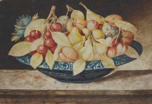 Octavianus Montfort (1646-1696)Cherries, pears and apricots in a porcelain dish on a stone ledge