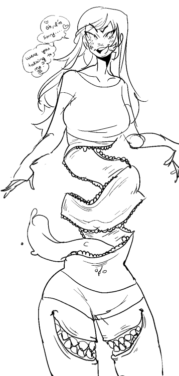 tumblino:having fun w the idea of stomach mouths! like, what if the whole torso unravels into one long, weird snake/eel-like ribbon of flesh lined with teeth…? i’m inthe second is showing off her little secret to the new bae because im addicted to