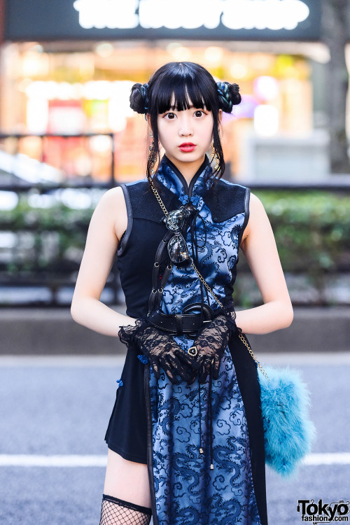 tokyo-fashion: Harajuku shop staffer Misuru on the street wearing a twin buns hairstyle, black lace 