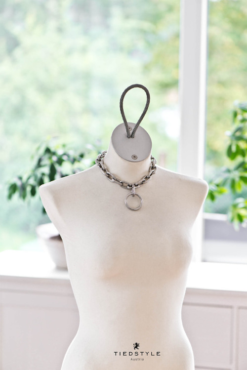 Handcrafted stainless steel chain collar with an O-ring. Locked with a silver padlock. Made by TIEDS