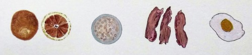 Detail illustration from the magazine "Quarter After Eight", with small watercolor paintings of breakfast foods.