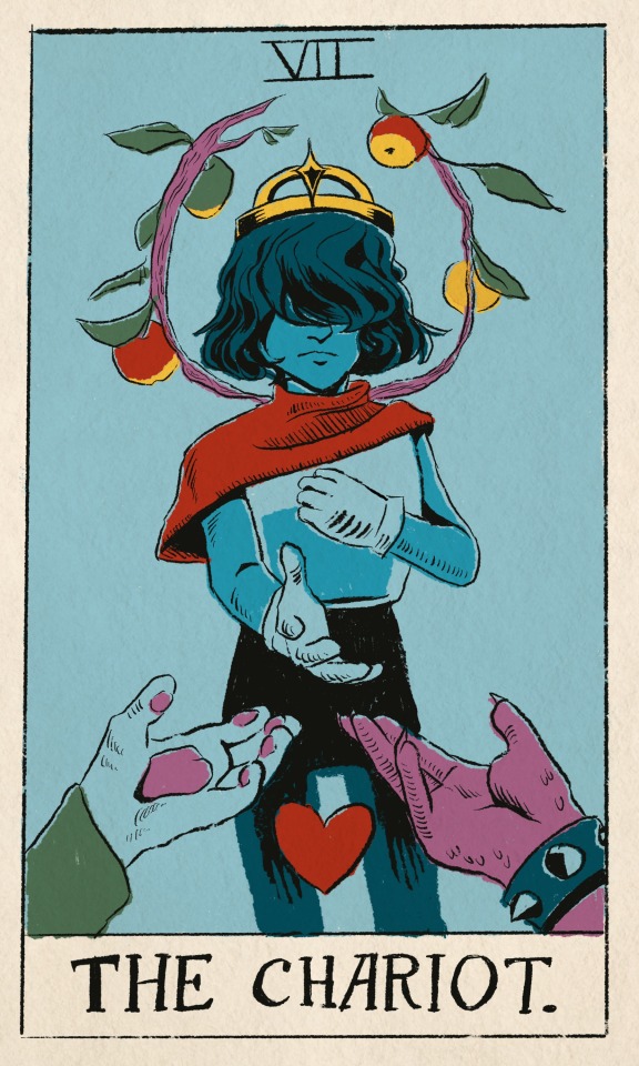 A tarot card drawn in a style reminiscent of the classic Waite-Smith cards depicts Kris from Deltarune in their Dark World form. Kris is wreathed by branches with red, green, and gold apples and is wearing a gold tiara with the emblem of their save point. They are extending one hand, and clutching their chest with the other. Ralsei’s and Susie’s hands extend from out of frame, as if they’re offering to take Kris’s hand, and the player’s soul rests between them. The card is labeled at the bottom as "The Chariot."