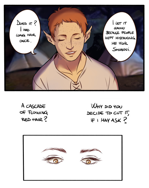 hanatsuki89: Old comic about my Tabris Warden (she pronouns!!) and Zevran that was left in my half-d