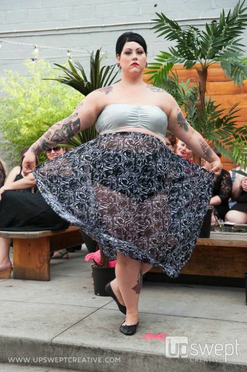 chubbycartwheels:  chubbycartwheels:  “The final line to present was Chubby Cartwheels, who served some serious kitschy-chic style. The collection was full of crop tops, leather/pleather skirts, and campy food based prints, such as french fries and