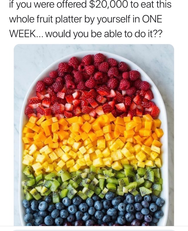 spooky-spaghetties:miloyiannopoulos:🕉.who is this… who is this question directed to? People who have some actual dietary reason to avoid fruit? Who looks at a fruit plate and goes “nuh-uh, not unless I have a week and a 20k cash prize on