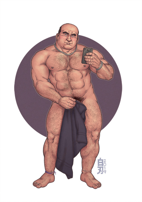 For my 6K followers on twitter. (https://twitter.com/THakujin) #bara#gaybear#gay dad#gay daddy#selfie#towel#muscle man#smartphone#bald#chest hair#my art