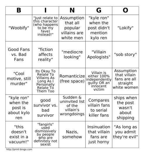 marysuewhipple:in case anyone thought i was joking about villain discourse bingo. have fun guys.