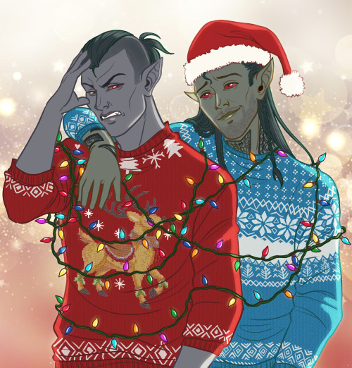 Finished in time for shitscram! My favorite elder scrolls couple in ugly holiday sweaters brought to