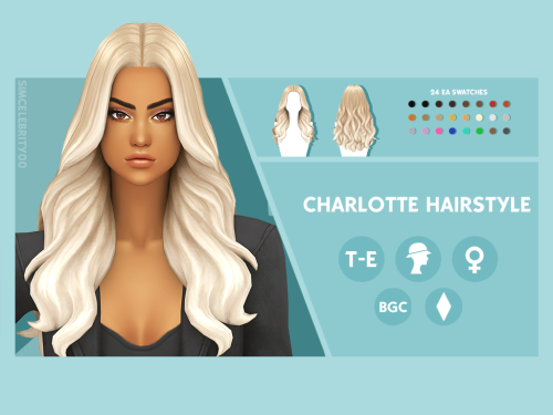 simcelebrity00:Charlotte Hairstyle V1, V2, & Accessories -V1Maxis Match HairstylesAvailable for 