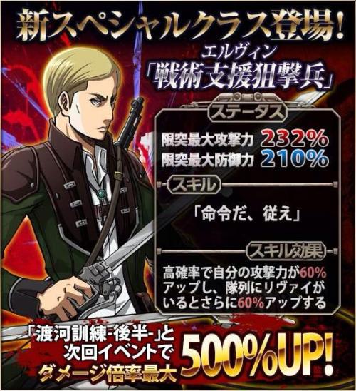  New class for Erwin in Hangeki no Tsubasa: Tactical Support Sniper! (Source)  His attack accuracy seems to increase if Levi’s also the roster!