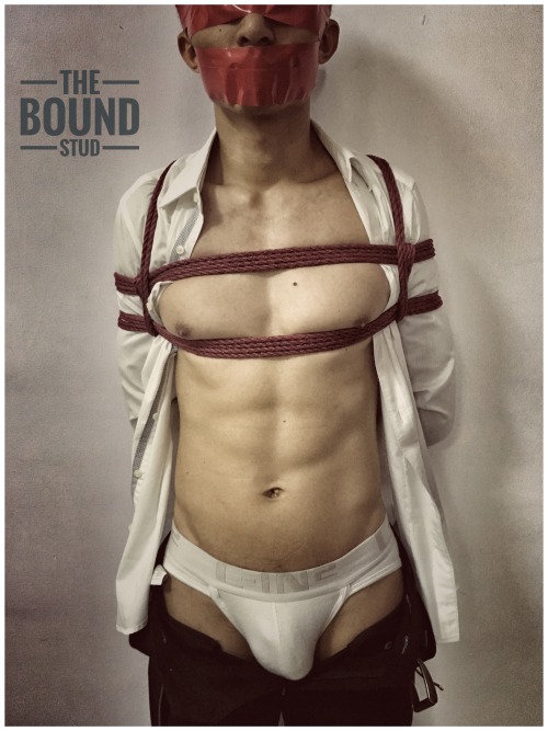 theboundstud: Executive with 10 days’ worth of cum in red rope bondage, in different states of undre