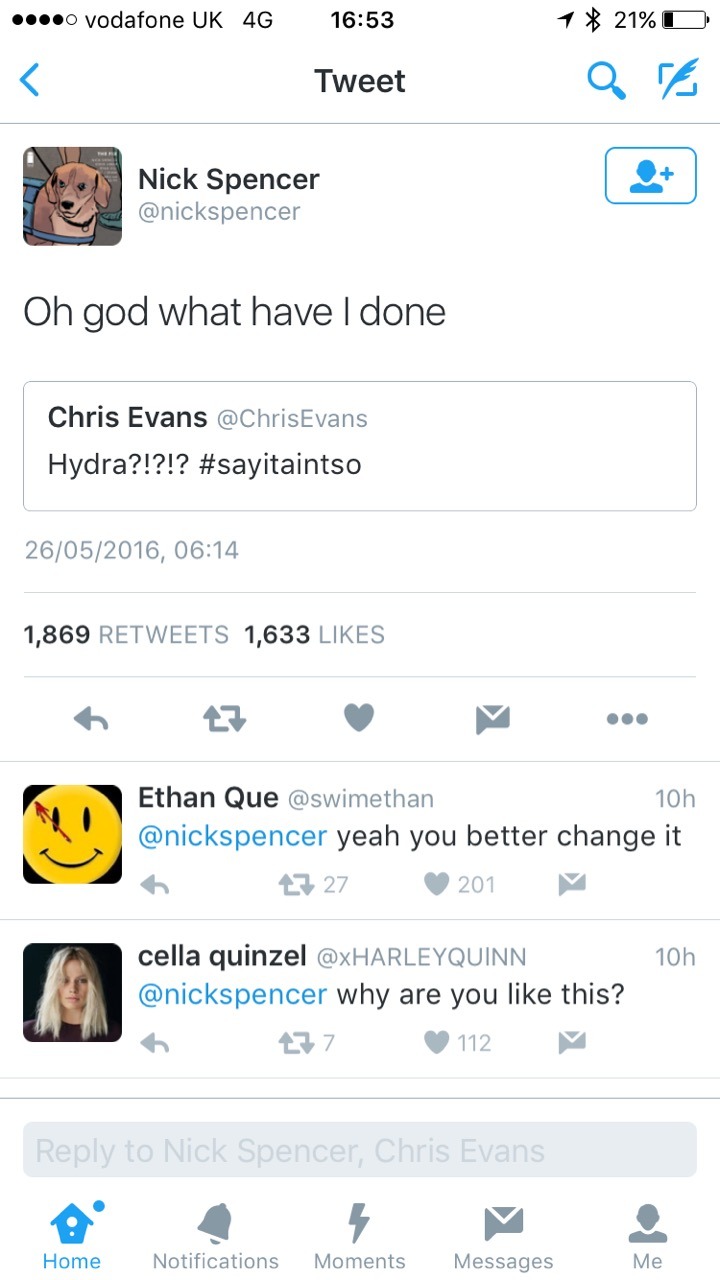 that-left-boob-grab-tho:  When Chris Evans lets Nick Spencer know that he fucked