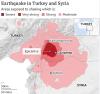 Map of the Damage area of the 7.5 Magnitude Earthquake which hit Turkey and Syria on February 6.