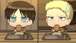 youkoofthelovespot:  jiveammunition:  awake-spirit:  The next snk special will be about Bertholdt, Reiner and Annie (ﾉ◕ヮ◕)ﾉ*: ･ﾟ✧ (source)  THESE ARE RIDICULOUSLY CUTE OMG. LOOK AT MY MOUNTAIN TRIO BABIES!!  Bertl are you trying to be