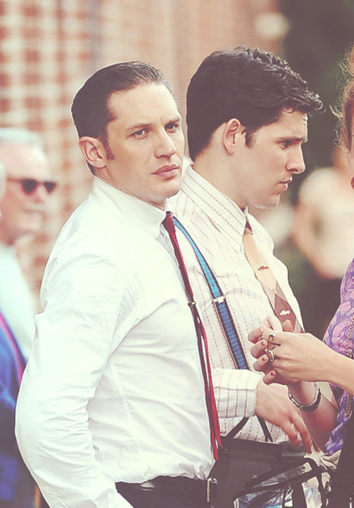 tomhardyvariations:Tom Hardy and Colin Morgan on the set of Legend in East London | 18 July 2014 