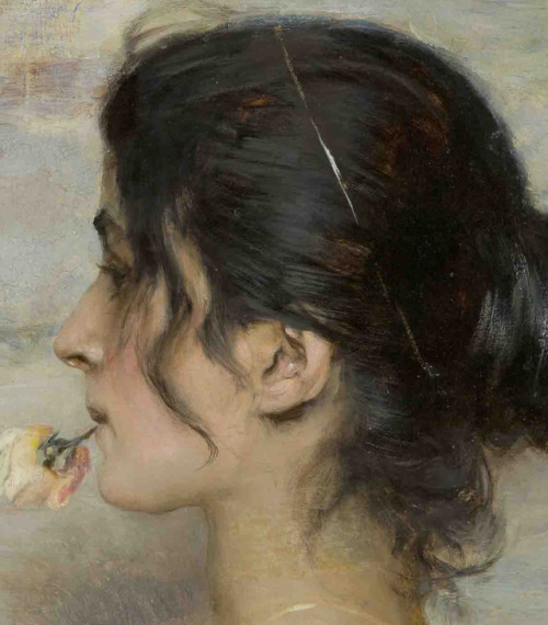 keirabisexual:Ettore Tito (Italian, 1859 –1941)With a Rose in Her Lips (Con la rosa tra le labbra), 