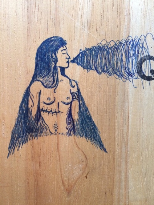 Some kind of eagle goddess I drew on the bottoms of my desk chair with a pen (I lay on the floor and