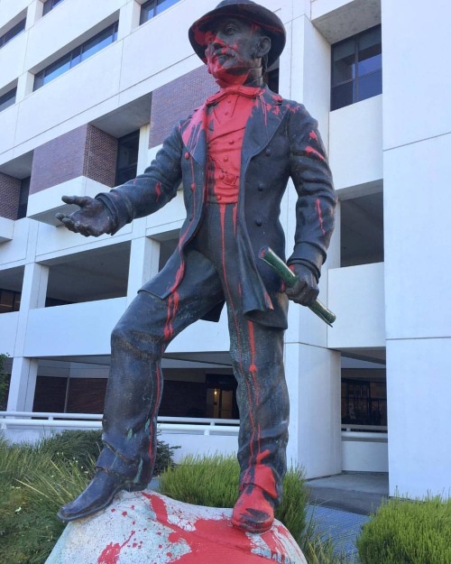 Vandalized statue of slave owning pedophile John Sutter in Sacramento, California. Sutter was a busi