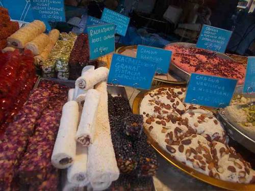 Some food merchandise offered during Christmas market 2021 in the city Wroclaw in Poland.