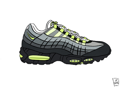 theillsuite:  Air Max 95- Designed by Sergio Lozano, the Air Max 95 was inspired by the human body.   The middle of the sole represents the spine, the side panels represent the muscles, the lace loops represent the ribs and the mesh represents the skin.