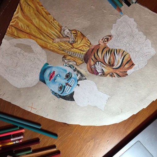 Progress on my drawing &lsquo;Saffron and Krishna&rsquo;s Excellent Adventure&rsquo; - colored penci